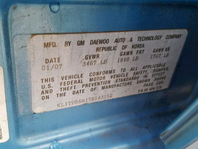 KL1TD56617B143152 - 2007 CHEVROLET AVEO BASE Көк фото 10