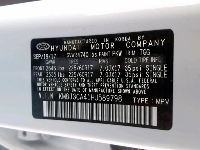 KM8J3CA41HU589798 - 2017 HYUNDAI TUCSON LIM WHITE photo 10