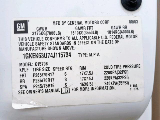 1GKEK63U74J115734 - 2004 GMC YUKON DENA WHITE photo 10