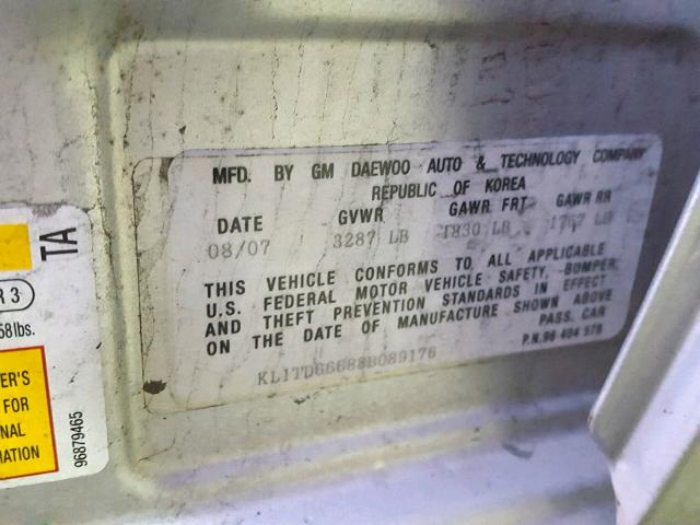 KL1TD66688B089176 - 2008 CHEVROLET AVEO BASE Күміс фото 10