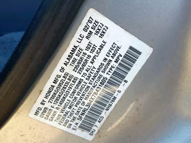 5FNRL384X7B431805 - 2007 HONDA ODYSSEY EX TAN photo 10