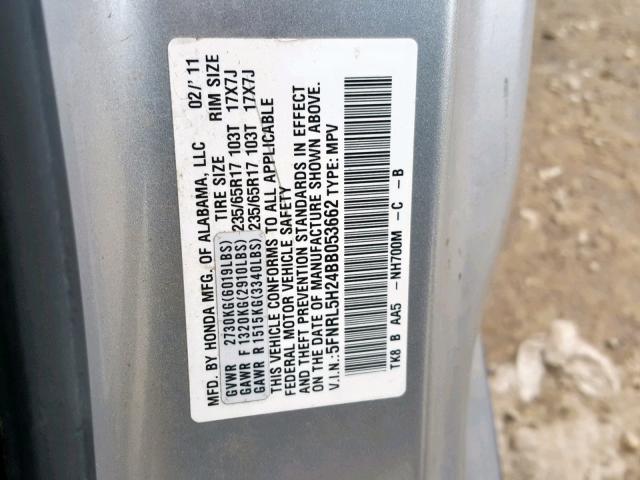 5FNRL5H24BB053662 - 2011 HONDA ODYSSEY LX SILVER photo 10