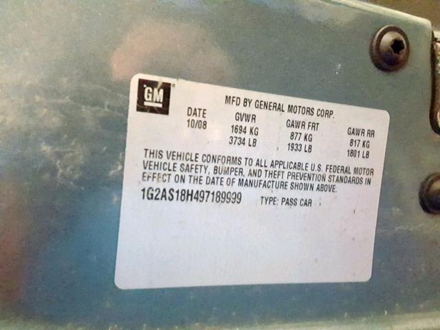 1G2AS18H497189999 - 2009 PONTIAC G5 TEAL photo 10