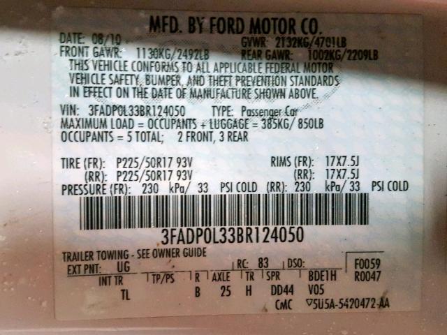 3FADP0L33BR124050 - 2011 FORD FUSION HYB WHITE photo 10