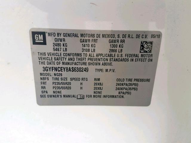 3GYFNCEY8AS630249 - 2010 CADILLAC SRX PREMIU WHITE photo 10