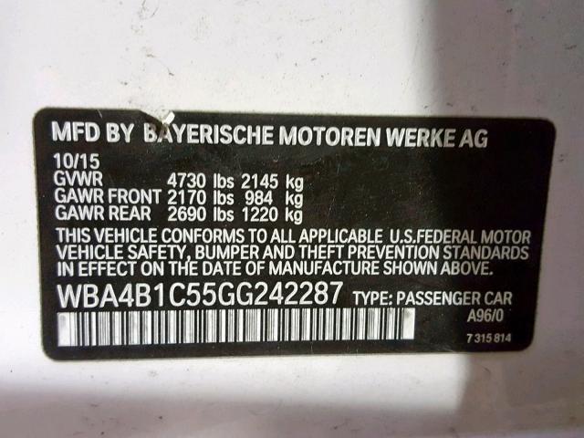 WBA4B1C55GG242287 - 2016 BMW 435 I WHITE photo 10