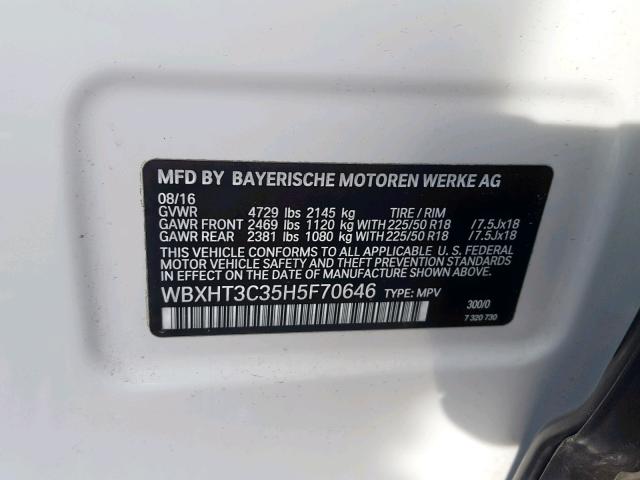 WBXHT3C35H5F70646 - 2017 BMW X1 XDRIVE2 WHITE photo 10
