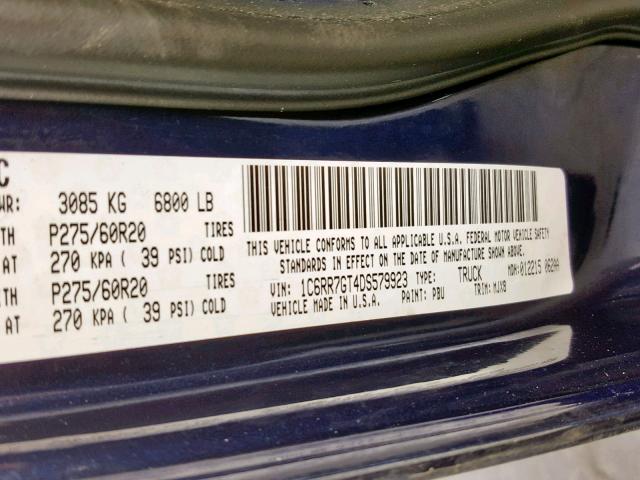 1C6RR7GT4DS579923 - 2013 RAM 1500 SLT BLUE photo 10