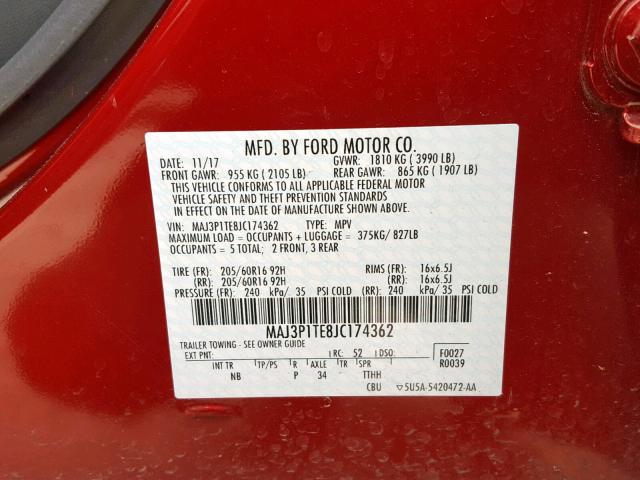 MAJ3P1TE8JC174362 - 2018 FORD ECOSPORT S RED photo 10