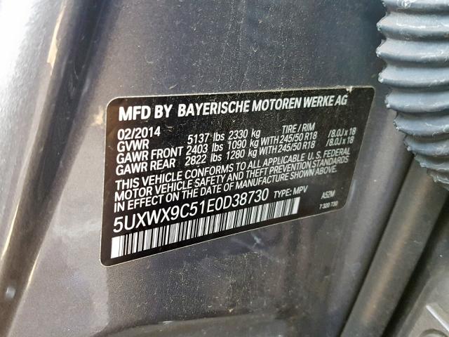 5UXWX9C51E0D38730 - 2014 BMW X3 XDRIVE2 GRAY photo 10