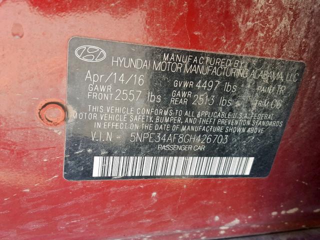 5NPE34AF8GH426703 - 2016 HYUNDAI SONATA SPO RED photo 10