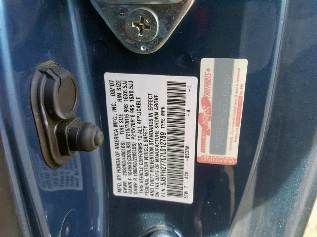 5J6YH27707L012789 - 2007 HONDA ELEMENT EX BLUE photo 10