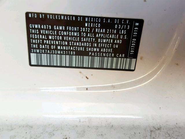 3VW2K7AJ3DM431189 - 2013 VOLKSWAGEN JETTA BASE WHITE photo 10