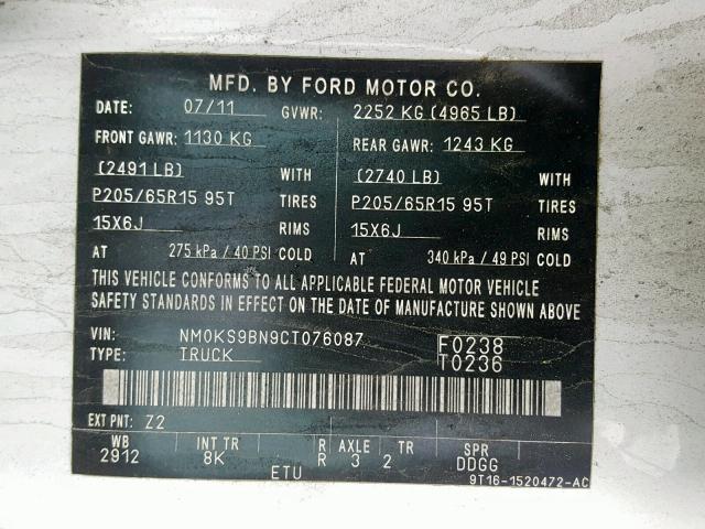 NM0KS9BN9CT076087 - 2012 FORD TRANSIT CO WHITE photo 10