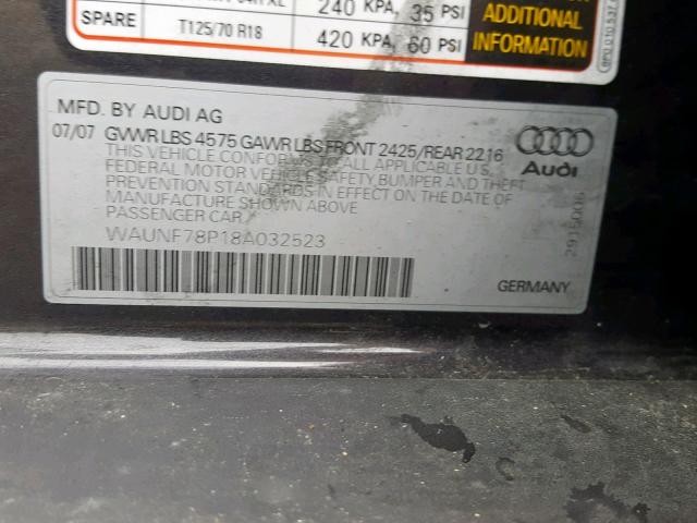 WAUNF78P18A032523 - 2008 AUDI A3 2.0 PRE GRAY photo 10