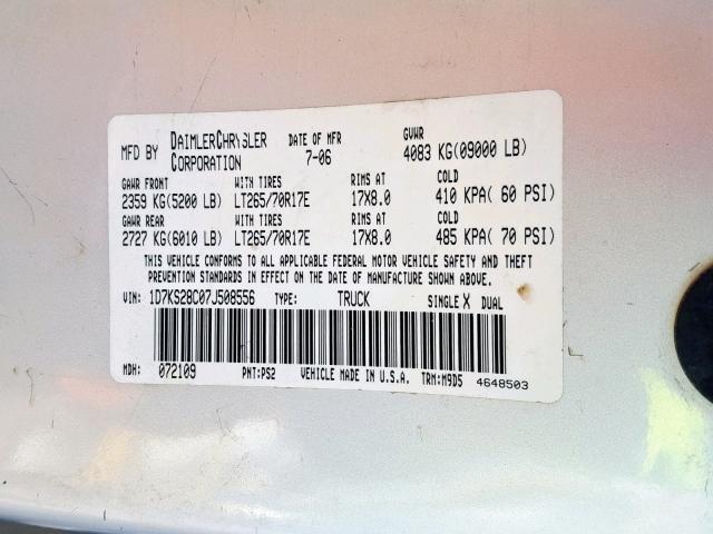 1D7KS28C07J508556 - 2007 DODGE RAM 2500 S ვერცხლისფერი ფოტო 10