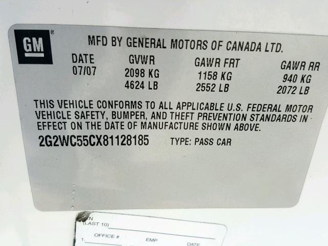 2G2WC55CX81128185 - 2008 PONTIAC GRAND PRIX WHITE photo 10