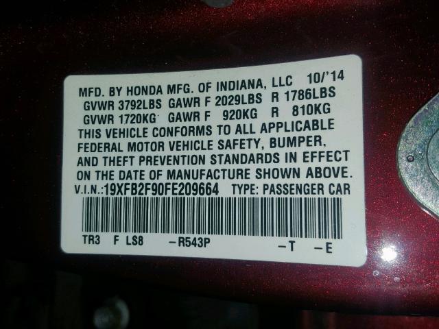 19XFB2F90FE209664 - 2015 HONDA CIVIC EXL BURGUNDY photo 10