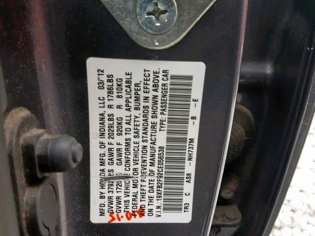 19XFB2F92CE056538 - 2012 HONDA CIVIC EXL GRAY photo 10