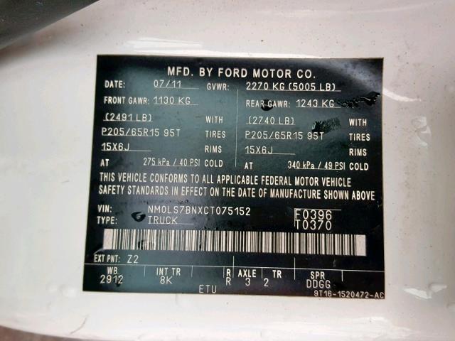 NM0LS7BNXCT075152 - 2012 FORD TRANSIT CO WHITE photo 10