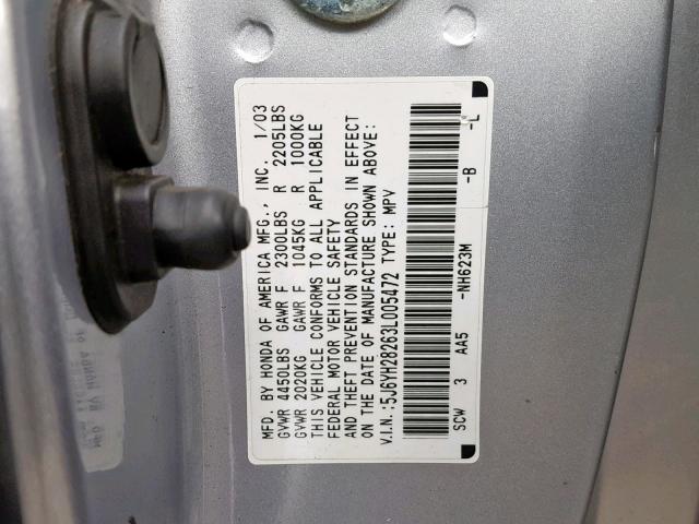 5J6YH28263L005472 - 2003 HONDA ELEMENT DX SILVER photo 10