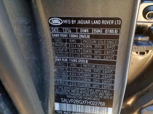 SALVR2BGXFH022768 - 2015 LAND ROVER RANGE ROVE GRAY photo 10