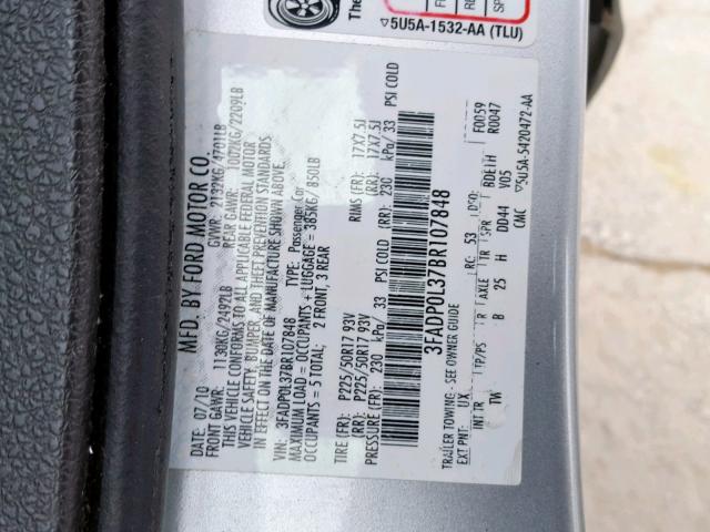 3FADP0L37BR107848 - 2011 FORD FUSION HYB SILVER photo 10