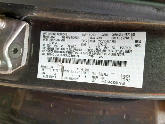 1FMCU0GX0EUD50809 - 2014 FORD ESCAPE SE GRAY photo 10