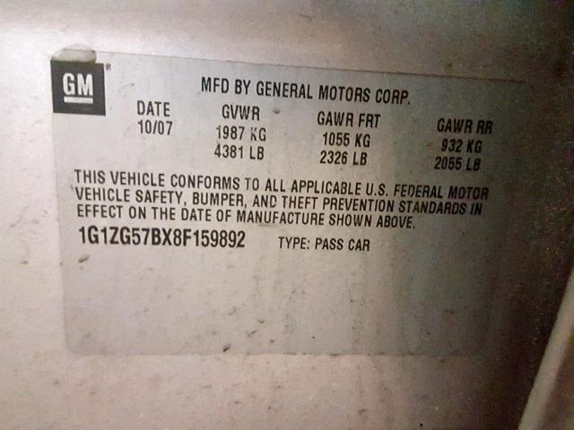 1G1ZG57BX8F159892 - 2008 CHEVROLET MALIBU LS Boz foto 10
