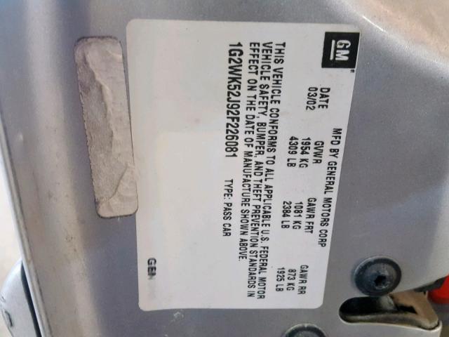 1G2WK52J92F226081 - 2002 PONTIAC GRAND PRIX SILVER photo 10