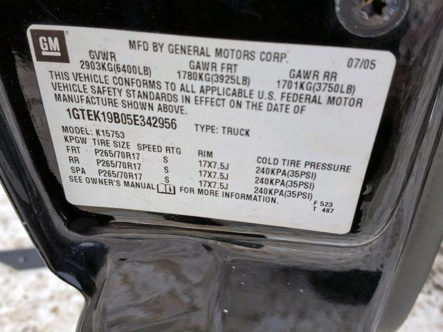 1GTEK19B05E342956 - 2005 GMC NEW SIERRA BLACK photo 10