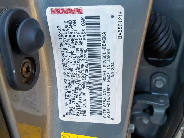 JTHBF30G630122760 - 2003 LEXUS ES 300 GRAY photo 10