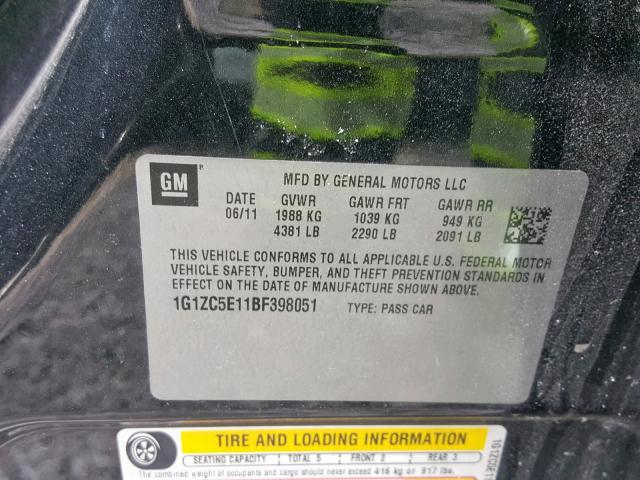 1G1ZC5E11BF398051 - 2011 CHEVROLET MALIBU 1LT BLACK photo 10