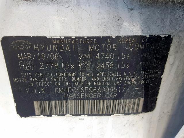 KMHFC46F96A099517 - 2006 HYUNDAI AZERA SE WHITE photo 10