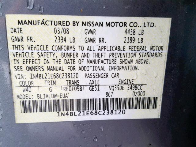 1N4BL21E68C238120 - 2008 NISSAN ALTIMA 3.5 SILVER photo 10