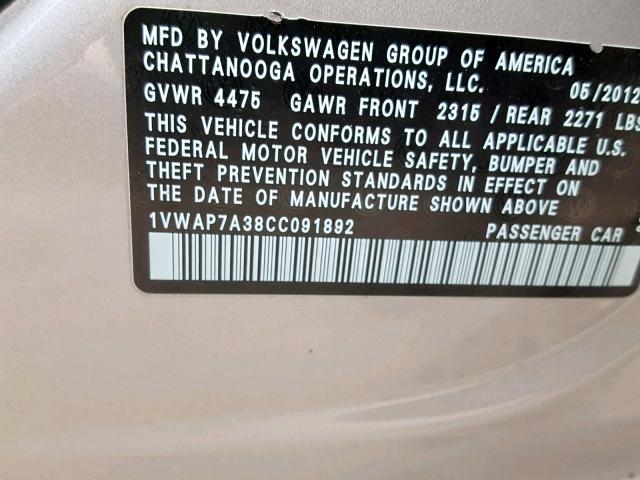 1VWAP7A38CC091892 - 2012 VOLKSWAGEN PASSAT S SILVER photo 10