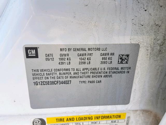 1G1ZC5E08CF344027 - 2012 CHEVROLET MALIBU 1LT WHITE photo 10