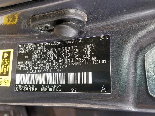 5TDBK3EH8DS235915 - 2013 TOYOTA HIGHLANDER GRAY photo 10