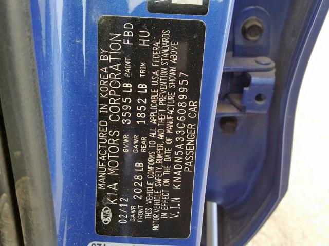 KNADN5A33C6089957 - 2012 KIA RIO EX BLUE photo 10