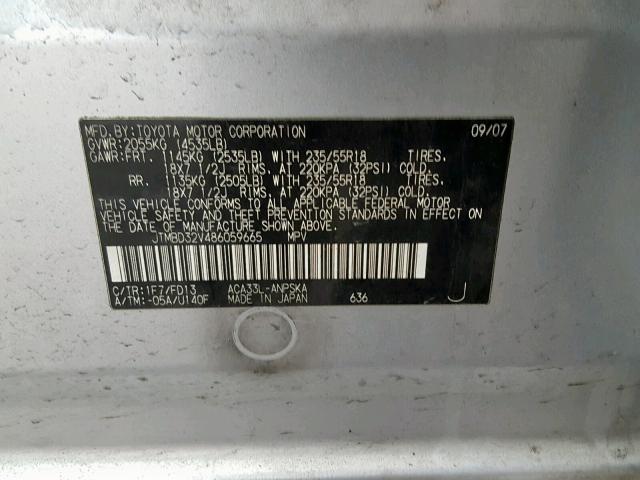 JTMBD32V486059665 - 2008 TOYOTA RAV4 SPORT SILVER photo 10