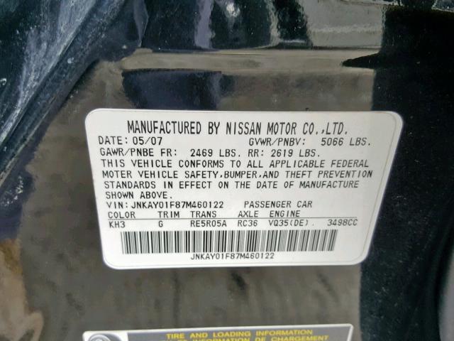 JNKAY01F87M460122 - 2007 INFINITI M35 BASE BLACK photo 10