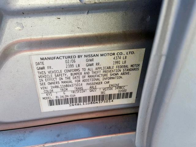 1N4BL11D86N375014 - 2006 NISSAN ALTIMA SE SILVER photo 10