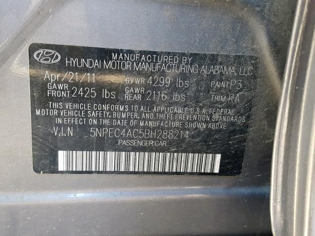 5NPEC4AC5BH288214 - 2011 HYUNDAI SONATA SE CHARCOAL photo 10