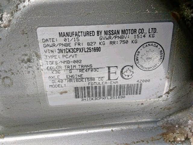 3N1CK3CPXFL251690 - 2015 NISSAN MICRA GRAY photo 9