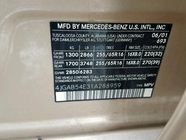 4JGAB54E31A288959 - 2001 MERCEDES-BENZ ML 320 GOLD photo 10