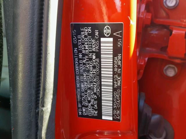 JTDKDTB31F1092258 - 2015 TOYOTA PRIUS C RED photo 10