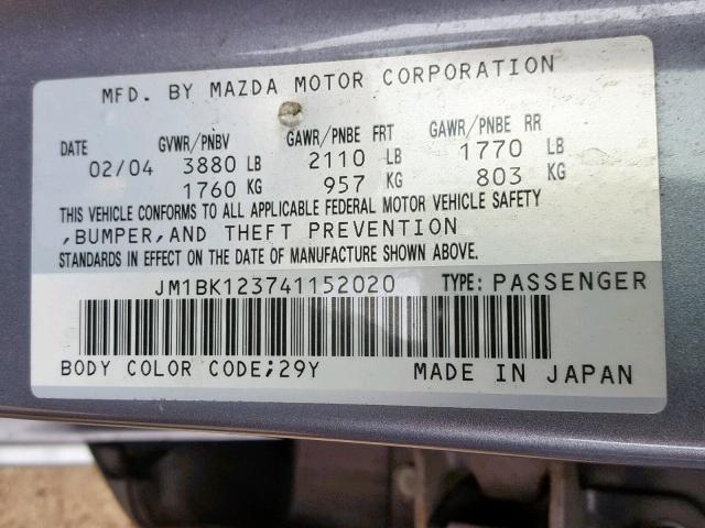 JM1BK123741152020 - 2004 MAZDA 3 S SILVER photo 10