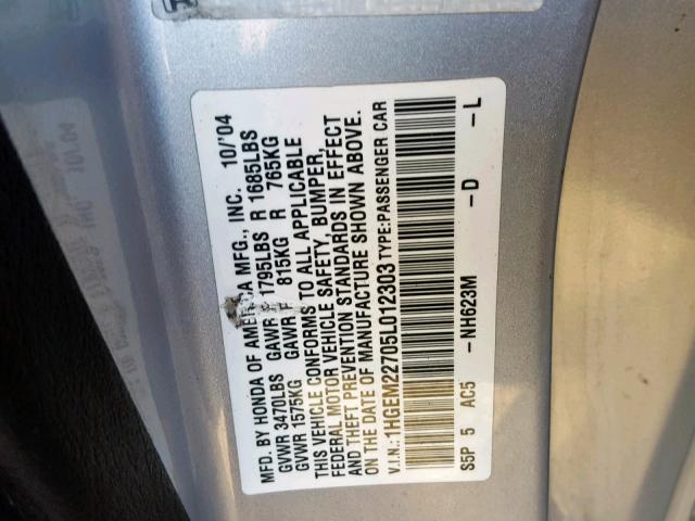 1HGEM22705L012303 - 2005 HONDA CIVIC HX SILVER photo 10