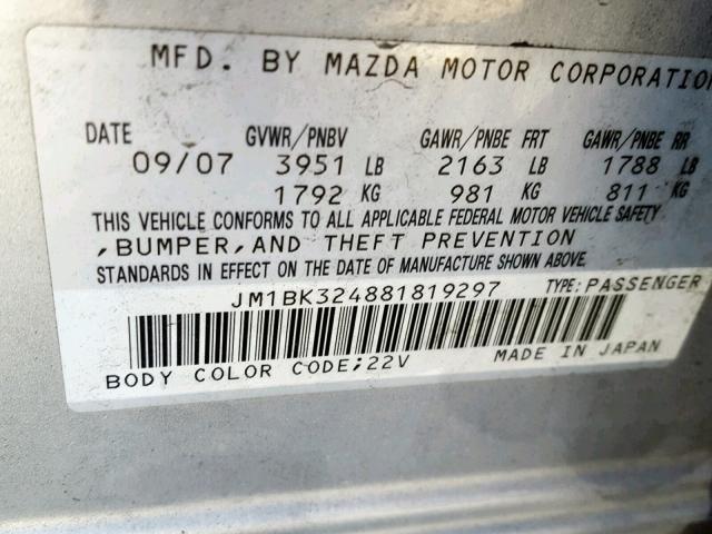 JM1BK324881819297 - 2008 MAZDA 3 S SILVER photo 10