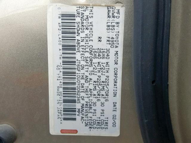 JT6GF10U0Y0062345 - 2000 LEXUS RX 300 GOLD photo 10